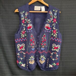 Erika Christmas Knit Sweater Vest Womens L Tree Poinsettia Ribbon Blue Button Up